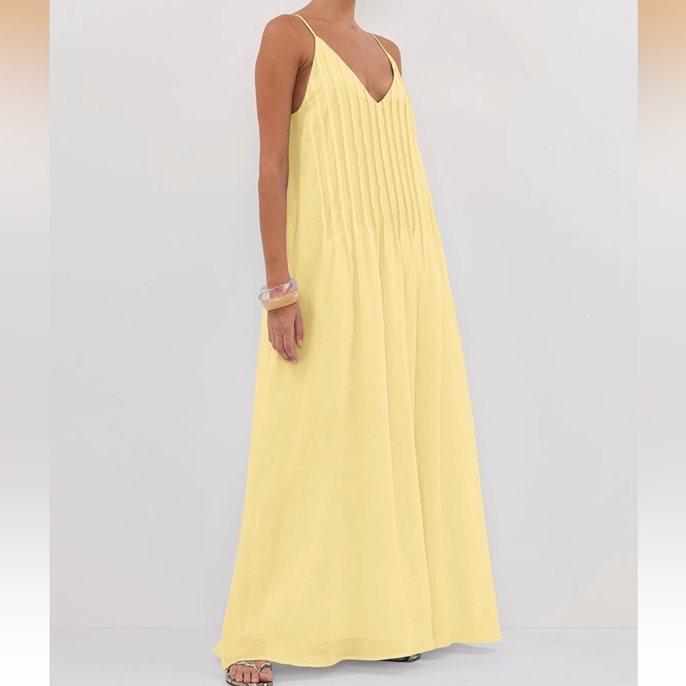 Yellow Cotton Maxi Dress Pleated Bodice V Neck Spaghetti Strap Spring Summer - Picture 3 of 7